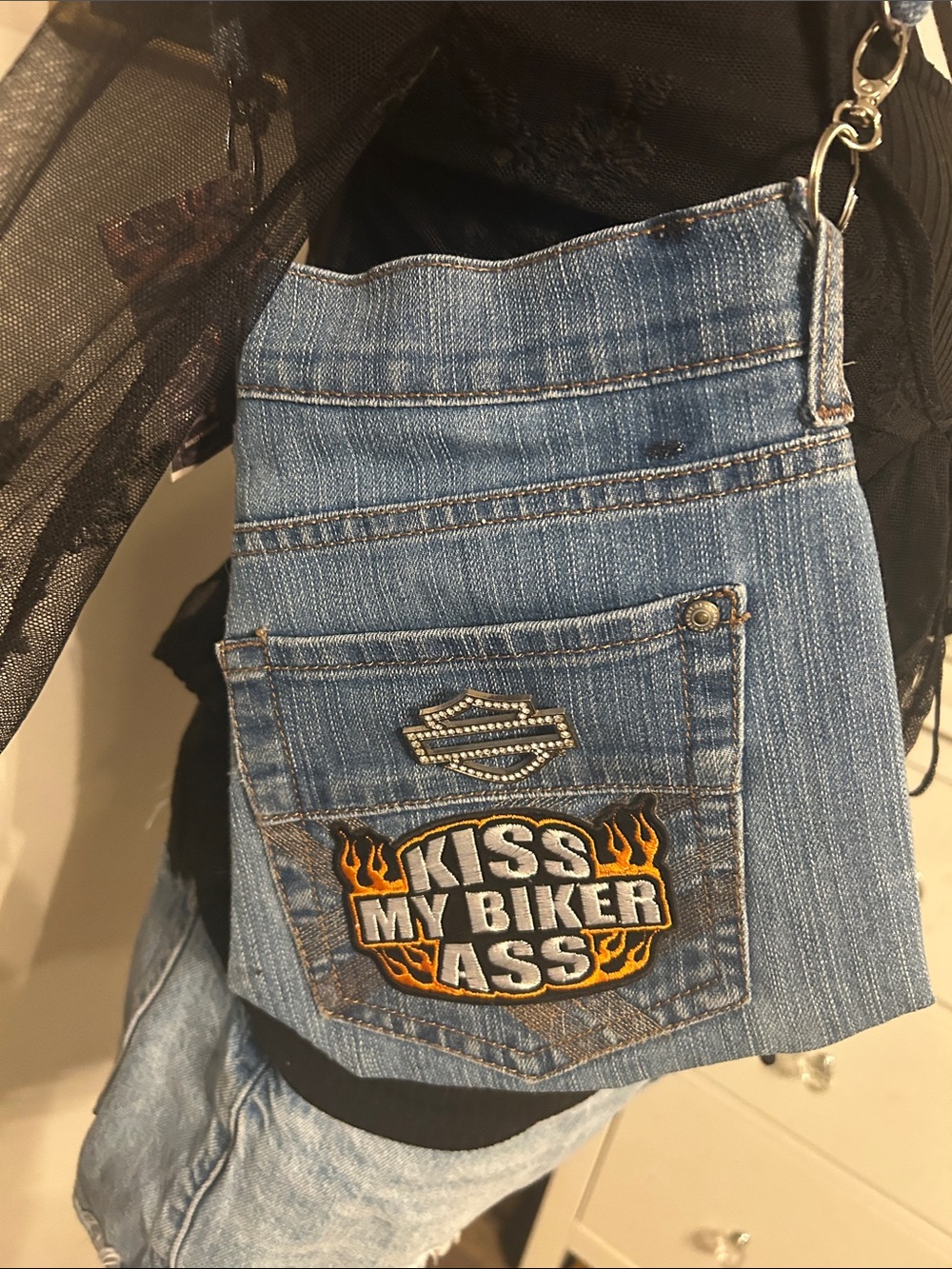 Harley-Davidson Blue Denim Mini Bag with Flame Patch & Harley pins